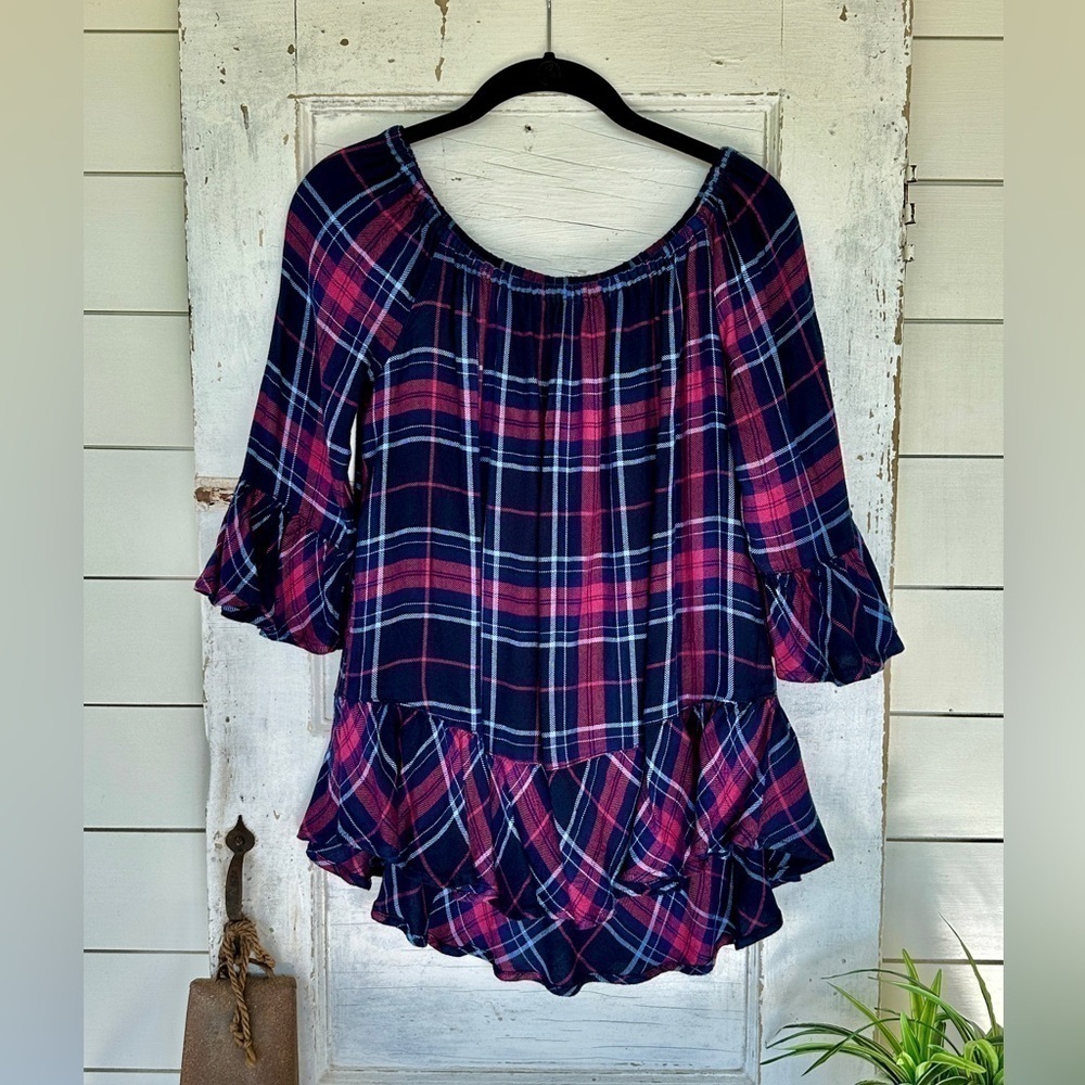 BEACHLUNCHLOUNGE, TARTÁN PLAID TOP. ON OR OFF SHOULDER. SIZE S/P